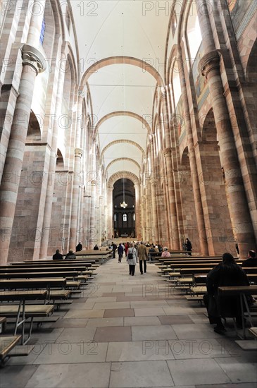 Speyer Cathedral, interior view of a church with pews and columns, soft light falls through the windows, Speyer Cathedral, Unesco World Heritage Site, foundation stone laid around 1030, Speyer, Rhineland-Palatinate, Germany, Europe