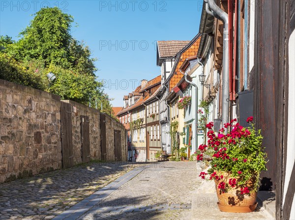Narrow alley with half-timbered houses and cobblestones on the Schlossberg in the historic old town, UNESCO World Heritage Site, Quedlinburg, Saxony-Anhalt, Germany, Europe