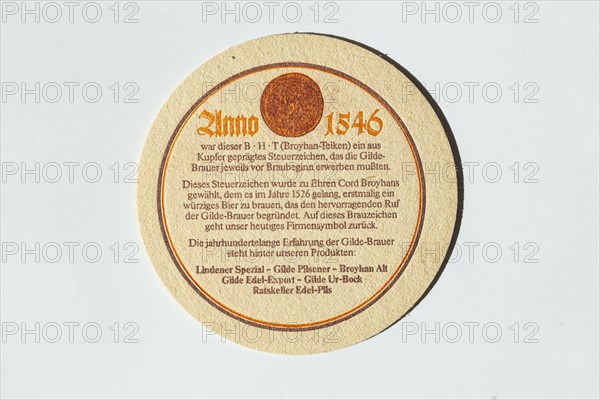 Old beer mat from the Gilde brewery, Germany, Europe