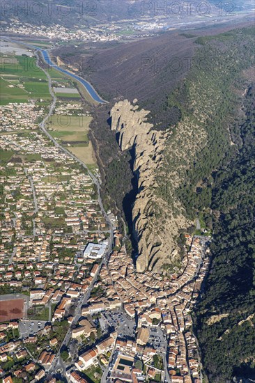 Aerial view of Les Mees, Provence-Alpes-Cote d'Azur Departement, Les Penitents, the penitents, rock formation, geology, Les Penitents near Les Mees, Maritime Alps, France, Europe
