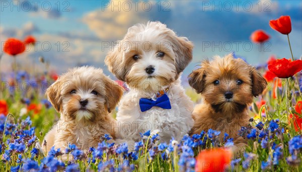 KI generated, animal, animals, mammal, mammals, Maltipoo (Canis lupus familiaris), dog, dogs, bitch, cross between poodle and Maltese, miniature poodle, small poodle, flower meadow, one bitch and two puppies