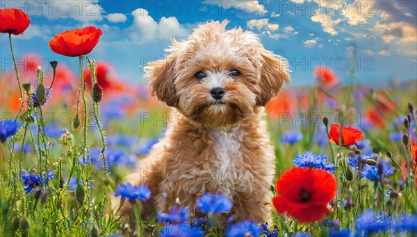 KI generated, animal, animals, mammal, mammals, Maltipoo (Canis lupus familiaris), dog, dogs, bitch, cross between poodle and Maltese, dwarf poodle, small poodle, flower meadow, puppy, cream