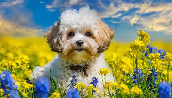 KI generated, animal, animals, mammal, mammals, Maltipoo (Canis lupus familiaris), dog, dogs, bitch, cross between poodle and Maltese, dwarf poodle, small poodle, flower meadow, puppy, cream, white