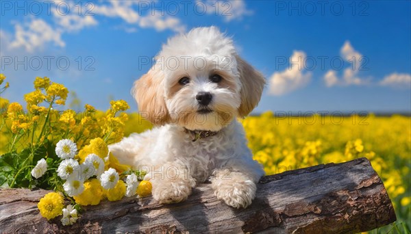 KI generated, animal, animals, mammal, mammals, Maltipoo (Canis lupus familiaris), dog, dogs, bitch, cross between poodle and Maltese, dwarf poodle, small poodle, flower meadow, tree trunk, small puppy lying on tree trunk in front of rape field