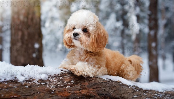 KI generated, animal, animals, mammal, mammals, Maltipoo (Canis lupus familiaris), dog, dogs, bitch, cross between poodle and Maltese, dwarf poodle, small poodle, flower meadow, tree trunk, autumn, onset of winter, puppy