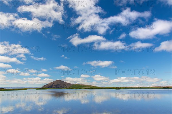 View over the shallow lake Myvatn in summer, Norourland eystra, Nordurland eystra in the north of Iceland