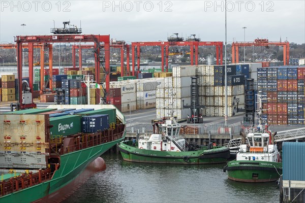 Container ship, container bridge, container, tugboat, harbour, Dublin, Republic of Ireland
