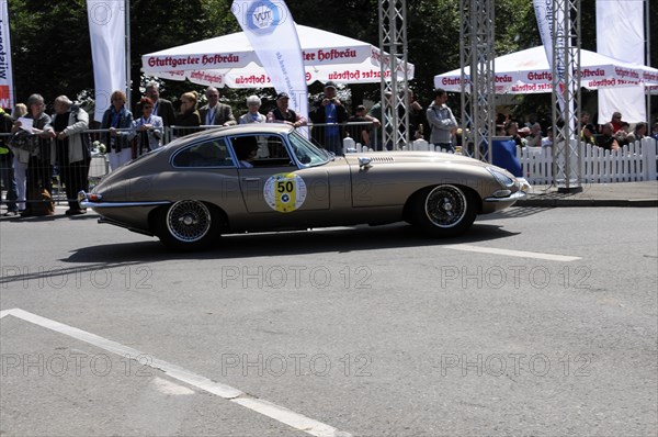 A grey Jaguar E-Type Coupe at a classic car race in front of an interested audience, SOLITUDE REVIVAL 2011, Stuttgart, Baden-Wuerttemberg, Germany, Europe