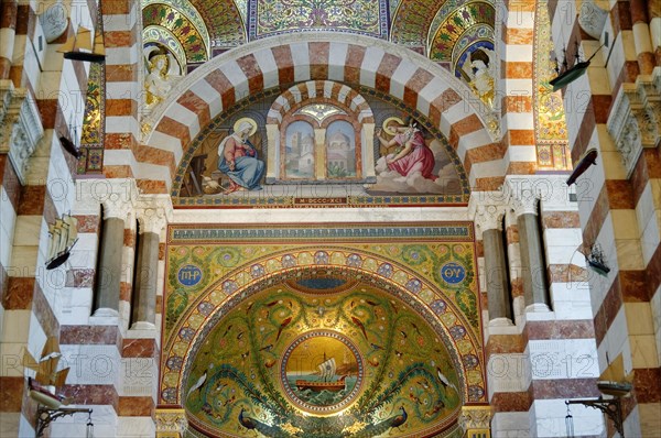 Interior view, Marseille Cathedral or Cathedrale Sainte-Marie-Majeure de Marseille, 1852-1896, Marseille, Interior view of a church with wall paintings, frescoes and decorated arches, Marseille, Departement Bouches-du-Rhone, Region Provence-Alpes-Cote d'Azur, France, Europe