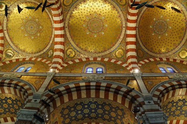 Church of Notre-Dame de la Garde, Marseille, Golden dome inside a church with mosaics and patterns, Marseille, Departement Bouches du Rhone, Region Provence Alpes Cote d'Azur, France, Europe