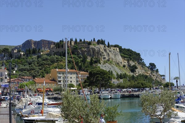 The bay of Port Miou in Cassis, A sunny harbour view with boats surrounded by steep cliffs and vegetation, Marseille, Departement Bouches-du-Rhone, Region Provence-Alpes-Cote d'Azur, France, Europe