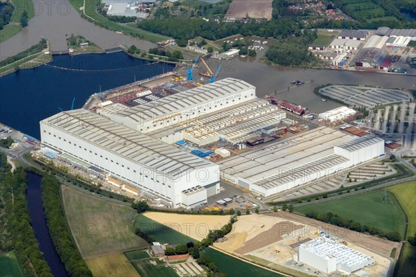 Aerial view, Meyer Werft Papenburg, shipbuilding, industry, shipyard, Papenburg, Lower Saxony, Germany, Europe