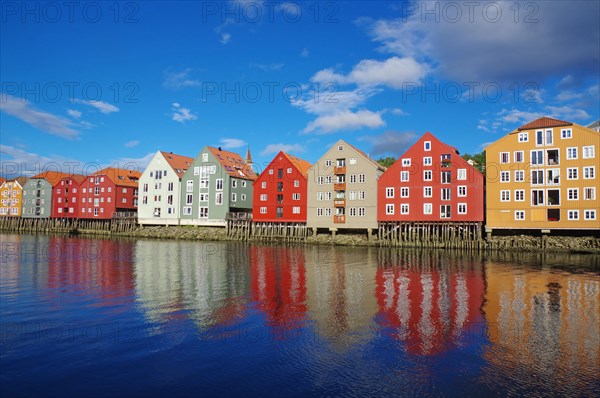 Wooden houses reflected in the calm waters of the River Nidarelva, Trondheim, Troendelag, Norway, Europe