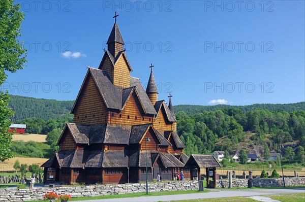 Heddal Stave Church in a green landscape, Notodden, Telemark, Norway, Europe