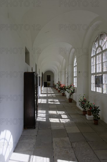 Interior view, cloister, Benedictine monastery Rajhrad, Loucka, Rajhrad, Jihomoravsky kraj, Czech Republic, Europe