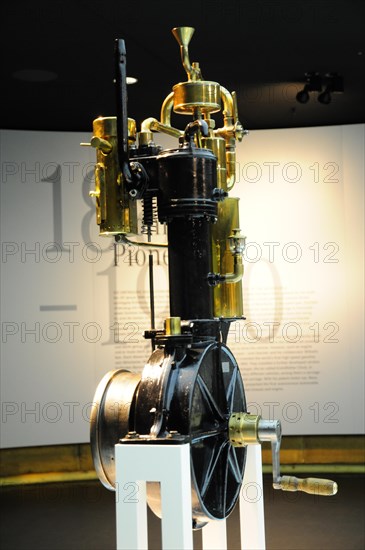 Exhibited old engine model made of brass represents the early technological development, Mercedes-Benz Museum, Stuttgart, Baden-Wuerttemberg, Germany, Europe