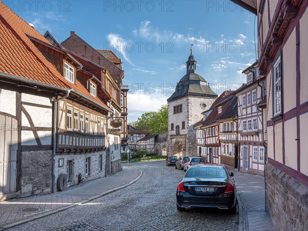 Street with cobblestones in the historic old town, half-timbered houses at the Frauentor, Muehlhausen, Thuringia, Germany, Europe