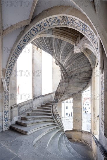 Unsupported spiral staircase in the Grosser Wendelstein stair tower, Hartenfels Castle, Torgau, Saxony, Germany, Europe