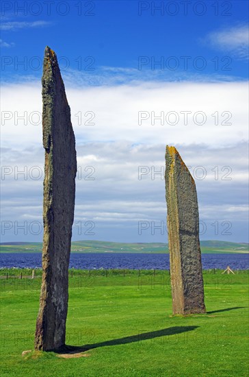 Standing stones from the Stone Age on a green meadow, Unesco World Heritage Site, Ring of Brodgar, Stromness, Orkney Islands, Scotland, UK