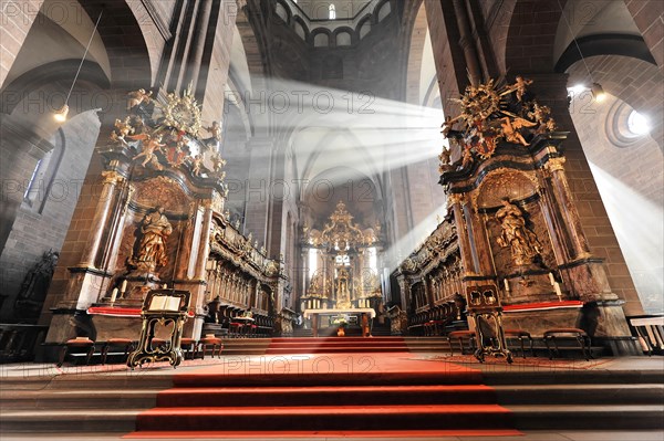 Speyer Cathedral, Baroque altar in Worms Cathedral with incident light, Speyer Cathedral, Unesco World Heritage Site, foundation stone laid around 1030, Speyer, Rhineland-Palatinate, Germany, Europe