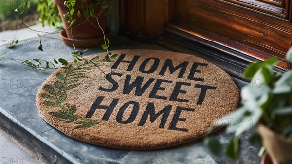 Home sweet home welcome mat at front door of house. generative AI, AI generated