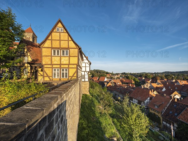 View from the Schlossberg to the roofs of the half-timbered houses in the historic old town, UNESCO World Heritage Site, Quedlinburg, Saxony-Anhalt, Germany, Europe