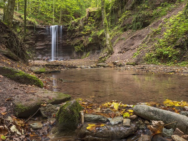 Small waterfall at Hoerschbach, Hoerschbach Valley, Swabian-Franconian Forest nature park Park, Murrhardt, Baden-Wuerttemberg, Germany, Europe