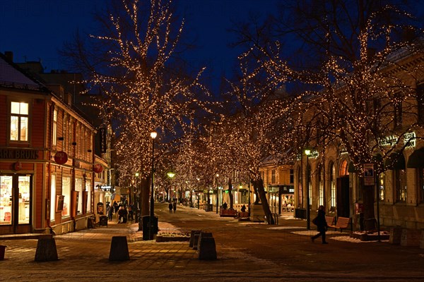 The pedestrian zone in winter is brightly lit in the evening, Trondheim, Norway, Europe