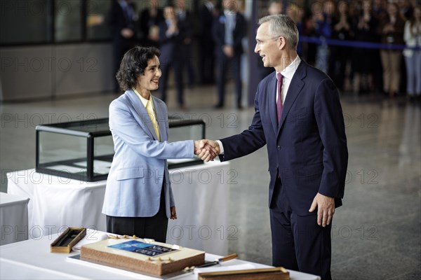 (L-R) Hadja Lahbib, Foreign Minister of Belgium, and Jens Stoltenberg, Secretary General of the North Atlantic Council, photographed during the ceremony to mark the 75th anniversary of the signing of the founding document of the North Atlantic Treaty. Brussels, 04.04.2024. Photographed on behalf of the Federal Foreign Office