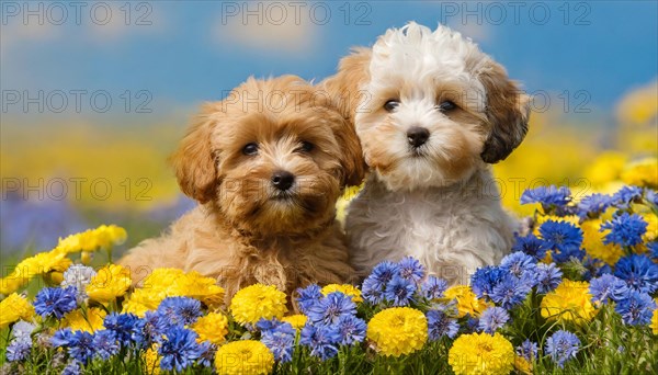 KI generated, animal, animals, mammal, mammals, Maltipoo (Canis lupus familiaris), dog, dogs, bitch, cross between poodle and Maltese, dwarf poodle, small poodle, flower meadow, two, bitch with puppy