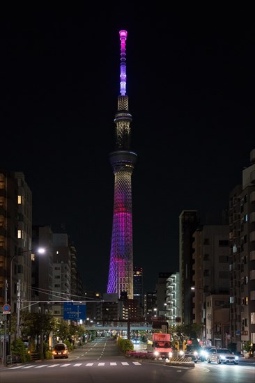 634 meters high Tokyo Skytree, broadcasting and observation tower in Sumida illuminated at night in the city Tokyo, Japan, Asia