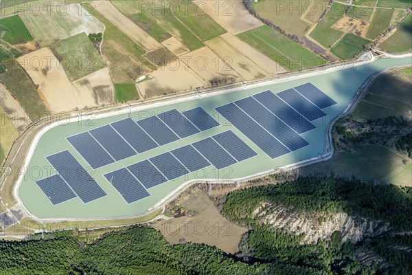 Aerial view, power plant, hydroelectric power plant power plant, solar park, hybrid power plant, reservoir, floating, EDF, photovoltaics, Lazer, Provence, Alpes Haut Provence, France, Europe