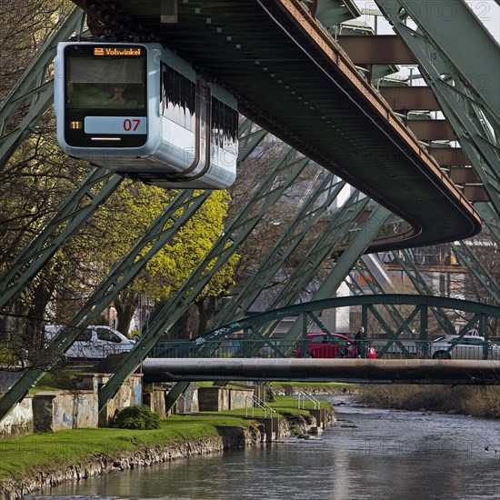 Suspension railway over the river Wupper in the Barmen district, Wuppertal, North Rhine-Westphalia, Germany, Europe