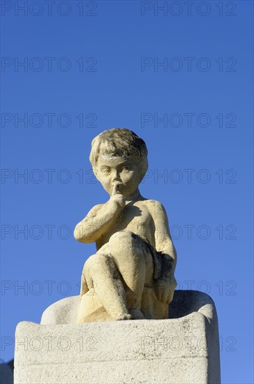 Church of Notre-Dame de la Garde, Marseille, statue of a pensive child in front of a clear blue sky, Marseille, Departement Bouches-du-Rhone, Region Provence-Alpes-Cote d'Azur, France, Europe