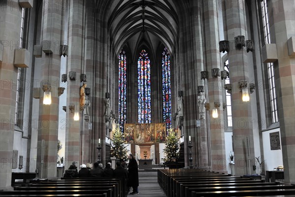 Interior, altar of St Mary's Chapel, market square, Wuerzburg, nave with richly decorated stained glass windows and illuminated pews, Wuerzburg, Lower Franconia, Bavaria, Germany, Europe