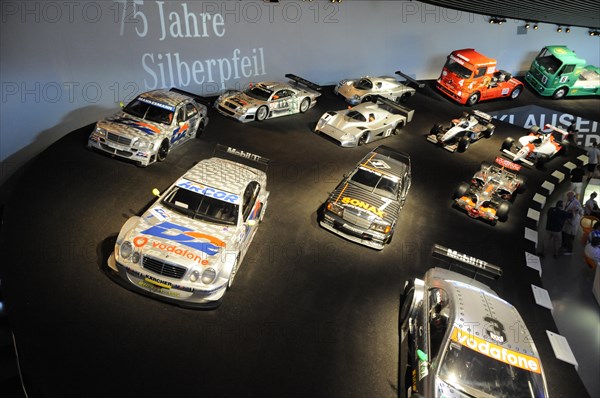 Museum, Mercedes-Benz Museum, Stuttgart, 75 years of motorsport history in a Mercedes-Benz anniversary exhibition, Mercedes-Benz Museum, Stuttgart, Baden-Wuerttemberg, Germany, Europe