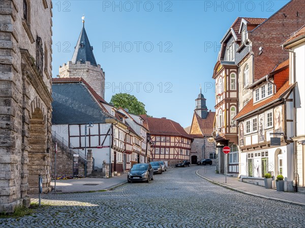 Street with cobblestones in the historic old town, half-timbered houses at the Frauentor, Muehlhausen, Thuringia, Germany, Europe