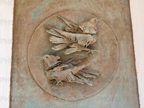 Depiction of birds, sculpture, Stella Maris church, Porto Cervo, Costa Smeralda, Sardinia, Italy, Europe