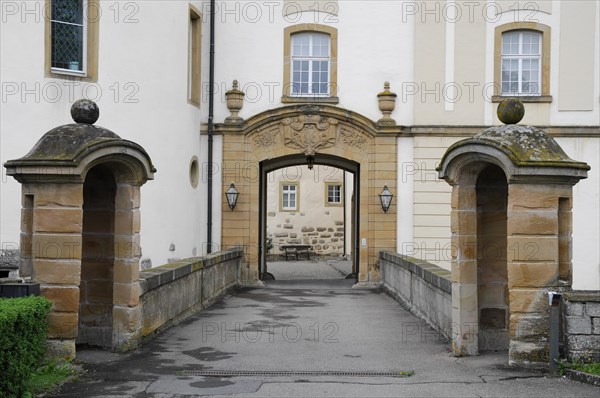 Langenburg Castle, sandstone portal with lamps as the main entrance to the castle, Langenburg Castle, Langenburg, Baden-Wuerttemberg, Germany, Europe