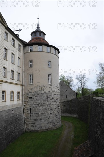 Langenburg Castle, A medieval tower on a castle wall surrounded by trees under a cloudy sky, Langenburg Castle, Langenburg, Baden-Wuerttemberg, Germany, Europe