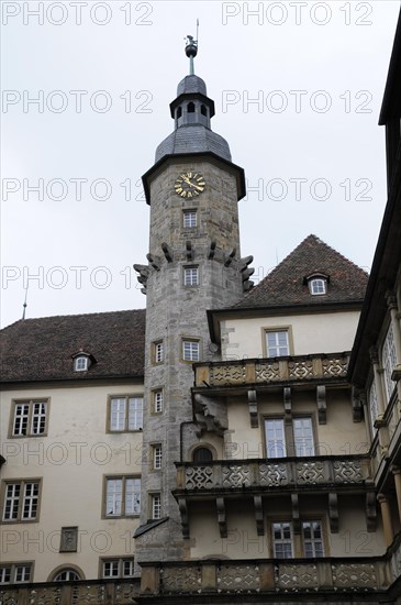 Langenburg Castle, A tower with a heraldic clock and architectural decorations, Langenburg Castle, Langenburg, Baden-Wuerttemberg, Germany, Europe