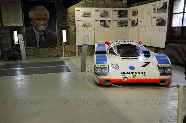 Deutsches Automuseum Langenburg, A white Joest racing car with Shell advertising in an automotive history exhibition, Deutsches Automuseum Langenburg, Langenburg, Baden-Wuerttemberg, Germany, Europe