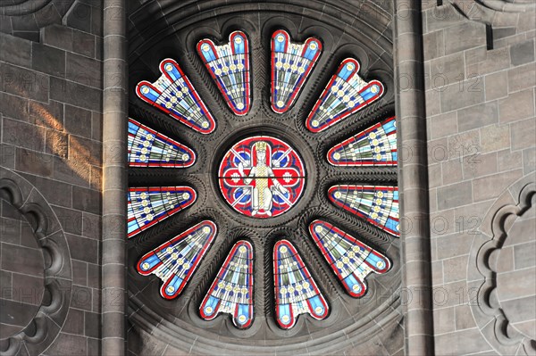 Speyer Cathedral, Illuminated rose window in a Gothic church, its colourful splendour reflected in the interior, Speyer Cathedral, Unesco World Heritage Site, foundation stone laid around 1030, Speyer, Rhineland-Palatinate, Germany, Europe