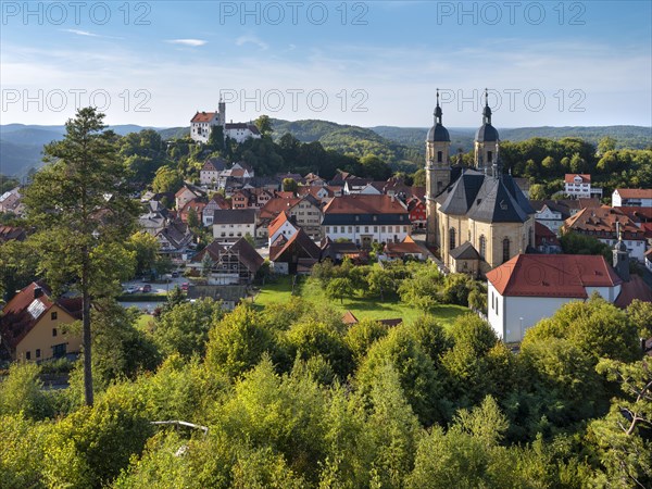 View of Goessweinstein with castle, pilgrimage church and half-timbered houses, Franconian Switzerland, Upper Franconia, Franconia, Bavaria, Germany, Europe