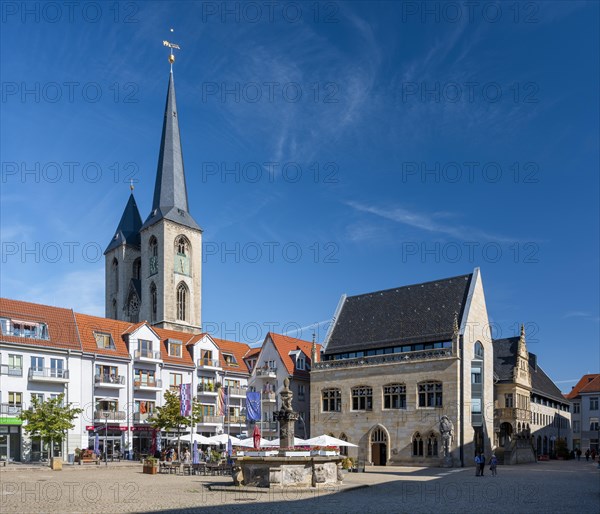 The Holzmarkt with St Martin's Church, town hall and Holzmarkt fountain, Halberstadt, Saxony-Anhalt, Germany, Europe