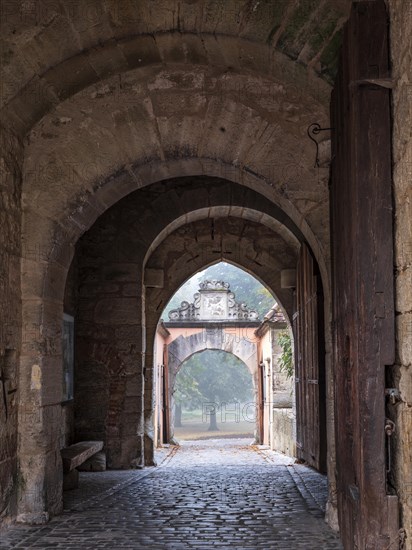 View through the castle gate, Rothenburg ob der Tauber, Middle Franconia, Bavaria, Germany, Europe