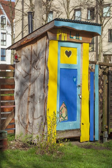 Colourful wooden toilet house, Bremen, Germany, Europe