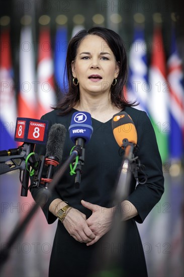 Annalena Baerbock, Federal Foreign Minister, photographed during a doorstep at the meeting of NATO foreign ministers. Brussels, 04.04.2024. Photographed on behalf of the Federal Foreign Office