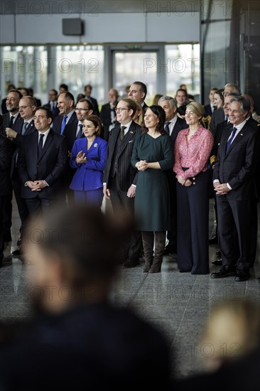 (L-R) Jose Manuel Albares, Foreign Minister of Spain, Lumini?a-Teodora Odobescu, Foreign Minister of Romania, Tobias Billstroem, Foreign Minister of Sweden, Annalena Baerbock, Federal Minister for Foreign Affairs, Melanie Joly, Foreign Minister of Canada, Antony Blinken, Secretary of State of the United States of America, Ceremony on the occasion of the 75th anniversary of the signing of the founding document of the North Atlantic Treaty. Brussels, 04.04.2024. Photographed on behalf of the Federal Foreign Office