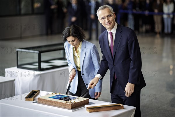 (L-R) Hadja Lahbib, Foreign Minister of Belgium, and Jens Stoltenberg, Secretary General of the North Atlantic Council, photographed during the ceremony to mark the 75th anniversary of the signing of the founding document of the North Atlantic Treaty. Brussels, 04.04.2024. Photographed on behalf of the Federal Foreign Office
